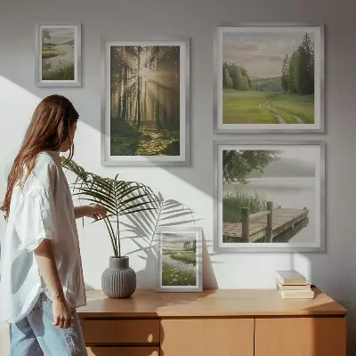 Set of 5 wall art pieces Forest landscapes sun water