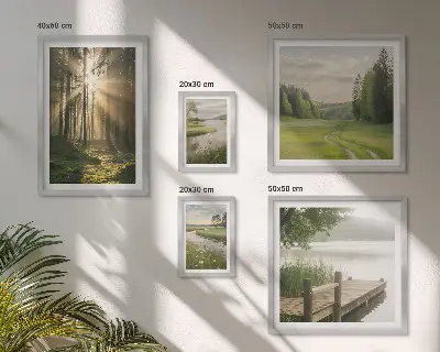 Set of 5 wall art pieces featuring forest landscape with sun and water
