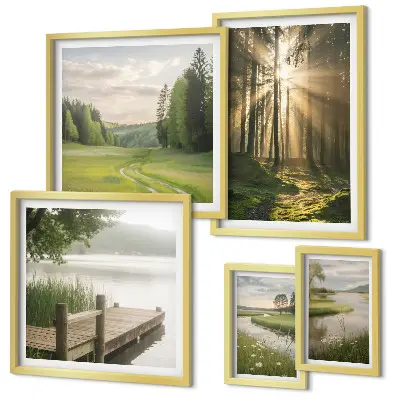Set of 5 wall art pieces Forest landscapes sun water