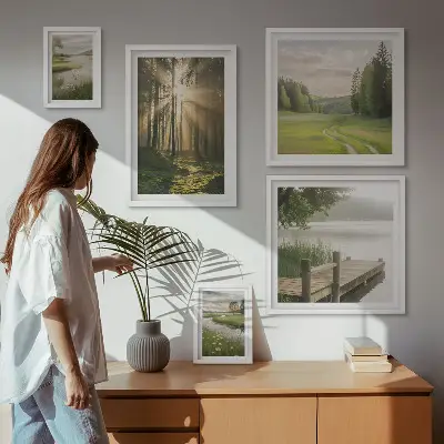 Set of 5 wall art pieces featuring forest landscape with sun and water