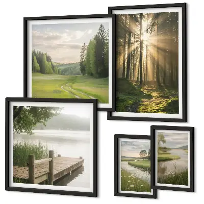 Set of 5 wall art pieces featuring forest landscape with sun and water