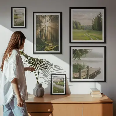 Set of 5 wall art pieces featuring forest landscape with sun and water