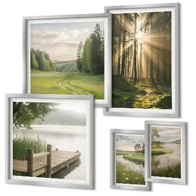 Set of 5 wall art pieces featuring forest landscape with sun and water