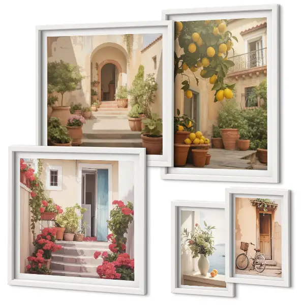 Set of 5 wall art pieces Streets, flowers, citrus fruits, Provence
