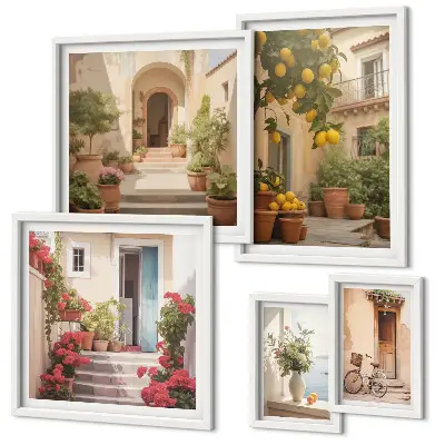 Set of 5 wall art pieces Streets, flowers, citrus fruits, Provence