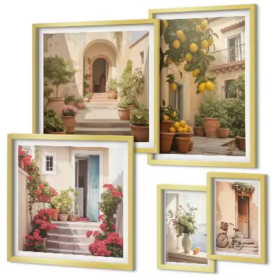 Set of 5 wall art pieces featuring streets, flowers, and citrus fruits in Provence