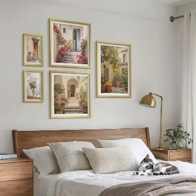 Set of 5 wall art pieces featuring streets, flowers, and citrus fruits in Provence