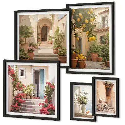 Set of 5 wall art pieces Streets, flowers, citrus fruits, Provence