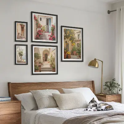 Set of 5 wall art pieces featuring streets, flowers, and citrus fruits in Provence