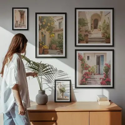 Set of 5 wall art pieces featuring streets, flowers, and citrus fruits in Provence