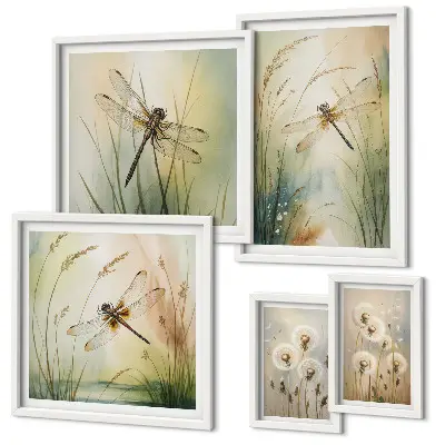 Set of 5 wall art pieces Boho nature motifs with dragonflies