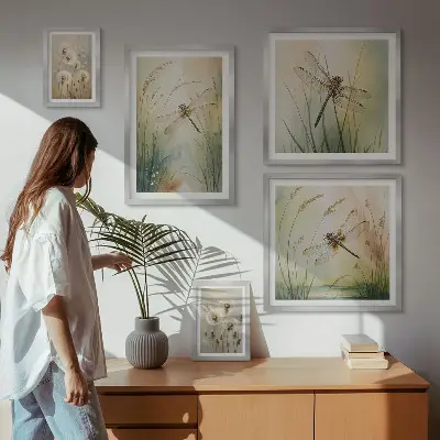 Set of 5 wall art pieces Boho nature motifs with dragonflies