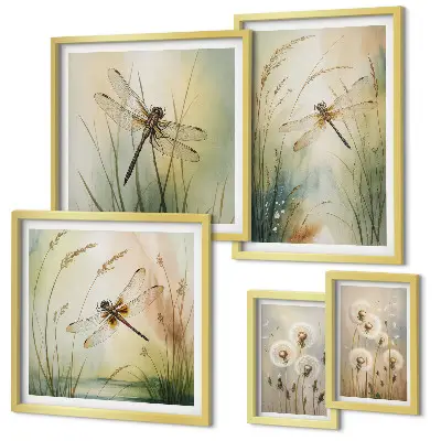Boho nature art pieces with dragonflies set of 5 wall art decor