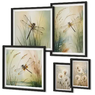 Set of 5 wall art pieces Boho nature motifs with dragonflies