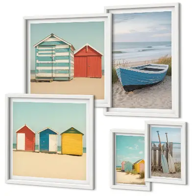 Framed photo set seaside views with houses and boats
