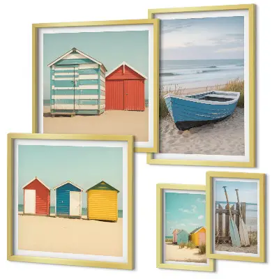 Framed photo set seaside views with houses and boats