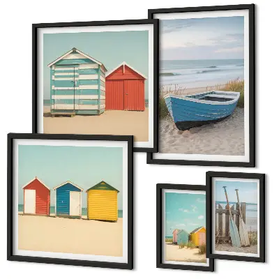 Framed photo set seaside views with houses and boats