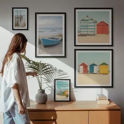 Framed photo set seaside views with houses and boats