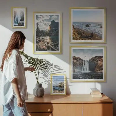 Framed photo set landscapes featuring waterfalls and beaches