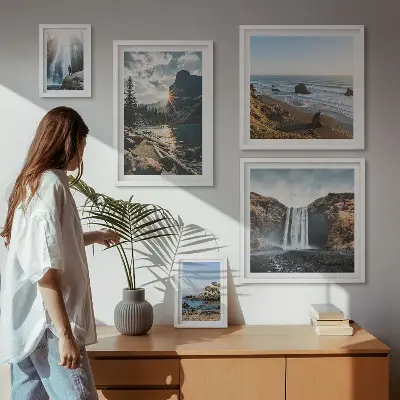 Framed photo set landscapes featuring waterfalls and beaches