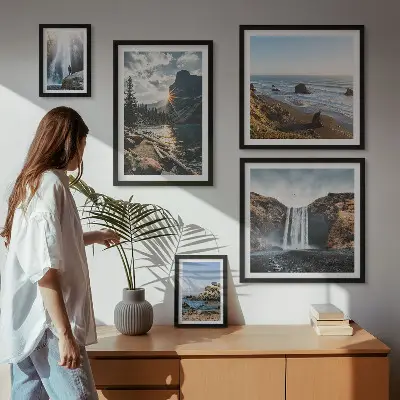 Framed photo set landscapes featuring waterfalls and beaches