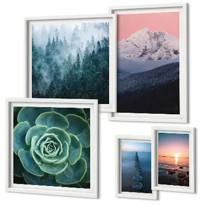 Set of 5 boho landscape wall art pieces featuring mountains and sea scenery