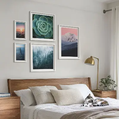 Set of 5 boho landscape wall art pieces featuring mountains and sea scenery