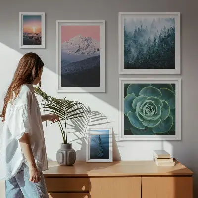 Set of 5 boho landscape wall art pieces featuring mountains and sea scenery