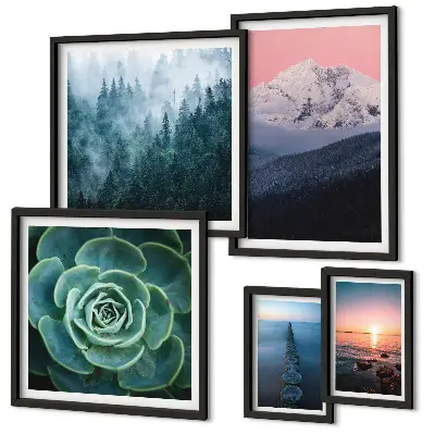 Set of 5 boho landscape wall art pieces featuring mountains and sea scenery