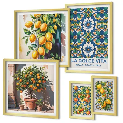 Set of 5 wall art pieces with Italian citrus Amalfi style decorations