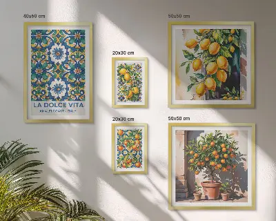 Set of 5 wall art pieces with Italian citrus Amalfi style decorations