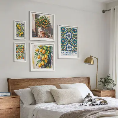 Set of 5 wall art pieces with Italian citrus Amalfi style decorations