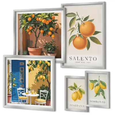 Set of 5 wall art pieces featuring a fruity Italy rustic style