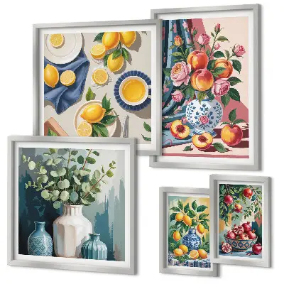Floral fruit compositions set of 5 wall art pieces