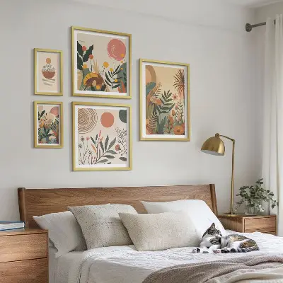 Set of 5 wall art pieces Abstract boho plant motifs