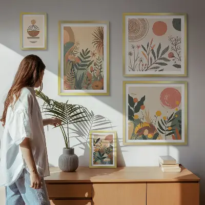 Set of 5 wall art pieces Abstract boho plant motifs