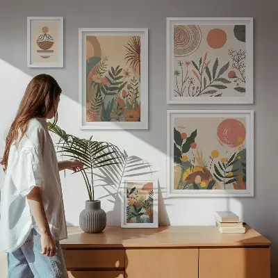 Set of 5 wall art pieces Abstract boho plant motifs