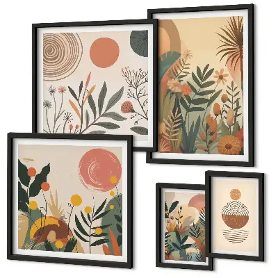 Set of 5 wall art pieces Abstract boho plant motifs