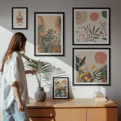 Set of 5 wall art pieces Abstract boho plant motifs