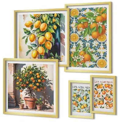 Set of 5 wall art pieces Citrus fruits flowers vintage