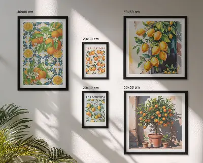 Set of 5 wall art pieces Citrus fruits flowers vintage
