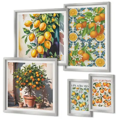 Vintage citrus fruits and flowers wall art set of 5 pieces