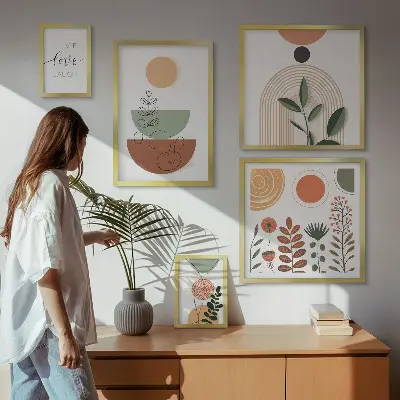 Framed photo set with stylish plant and geometric graphics