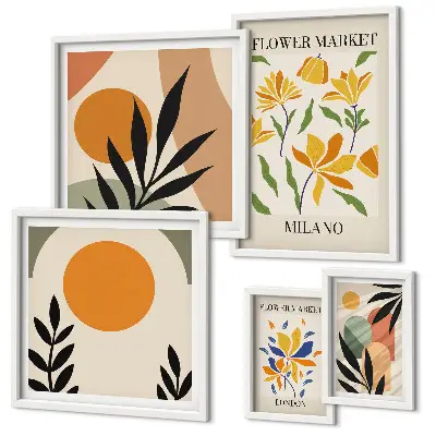 Abstract flowers boho style wall art set of 5 pieces