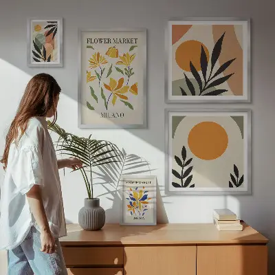 Abstract flowers boho style wall art set of 5 pieces