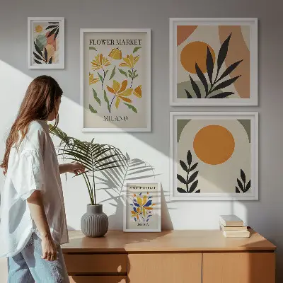 Set of 5 wall art pieces Abstract flowers boho style