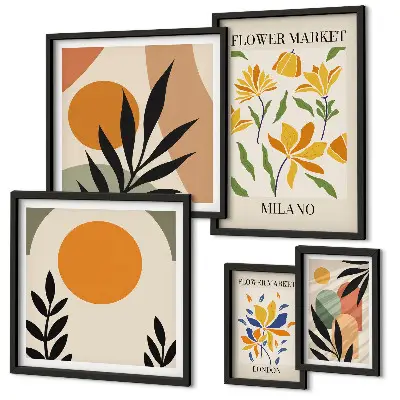 Abstract flowers boho style wall art set of 5 pieces