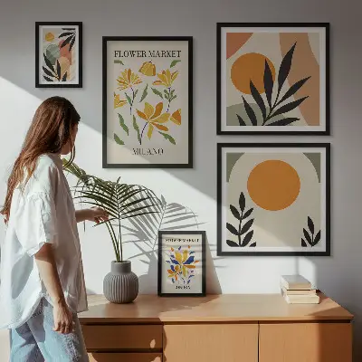 Abstract flowers boho style wall art set of 5 pieces