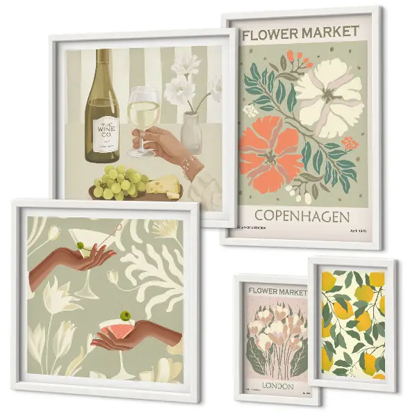 Vintage style flowers and fruits wall art set of 5 pieces