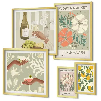 Vintage style flowers and fruits wall art set of 5 pieces